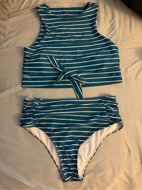 Striped Teal High-Neck Tie-Front Bikini Set